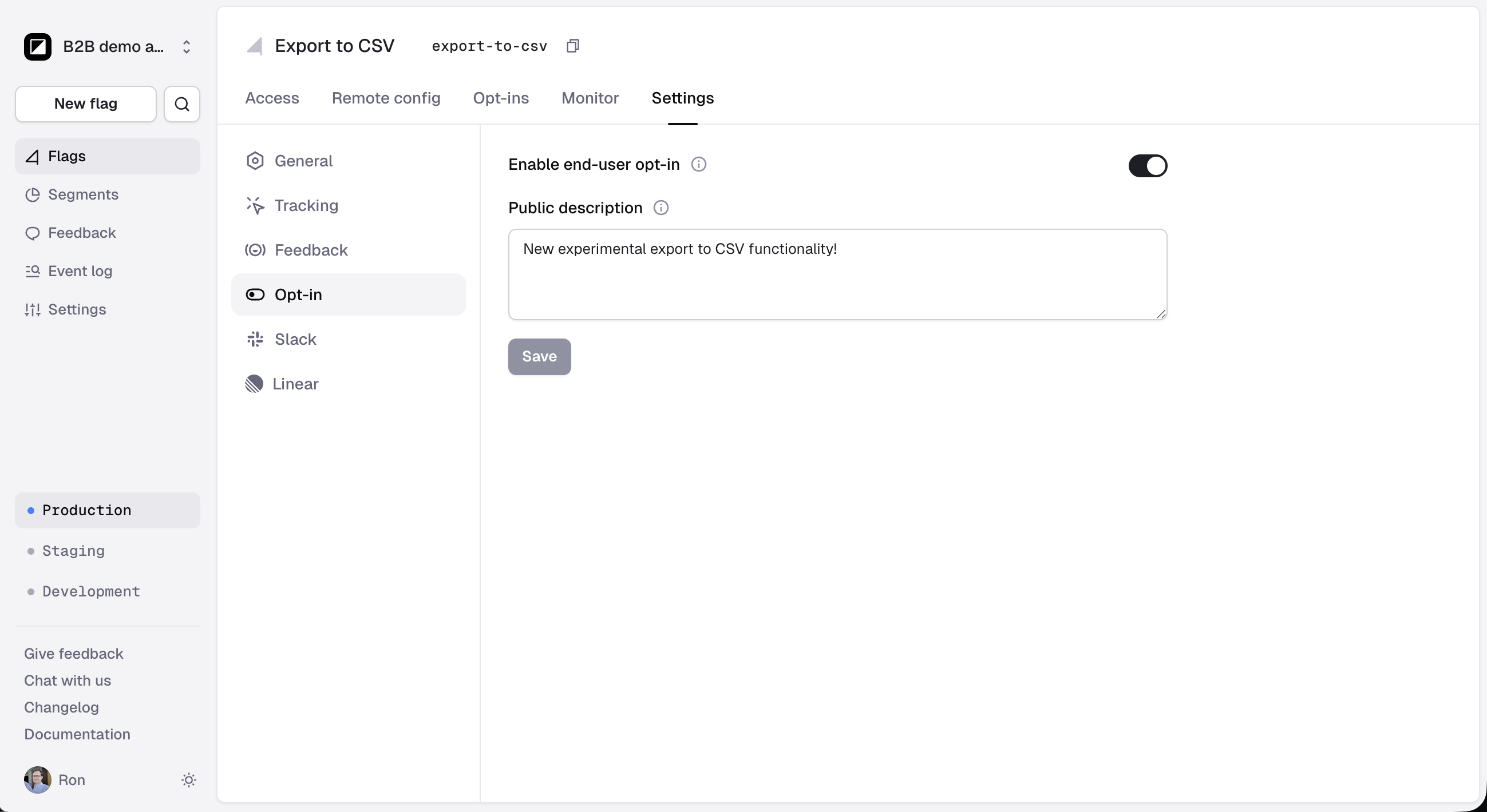 Opt-in settings with end-user opt-in enabled and a public description