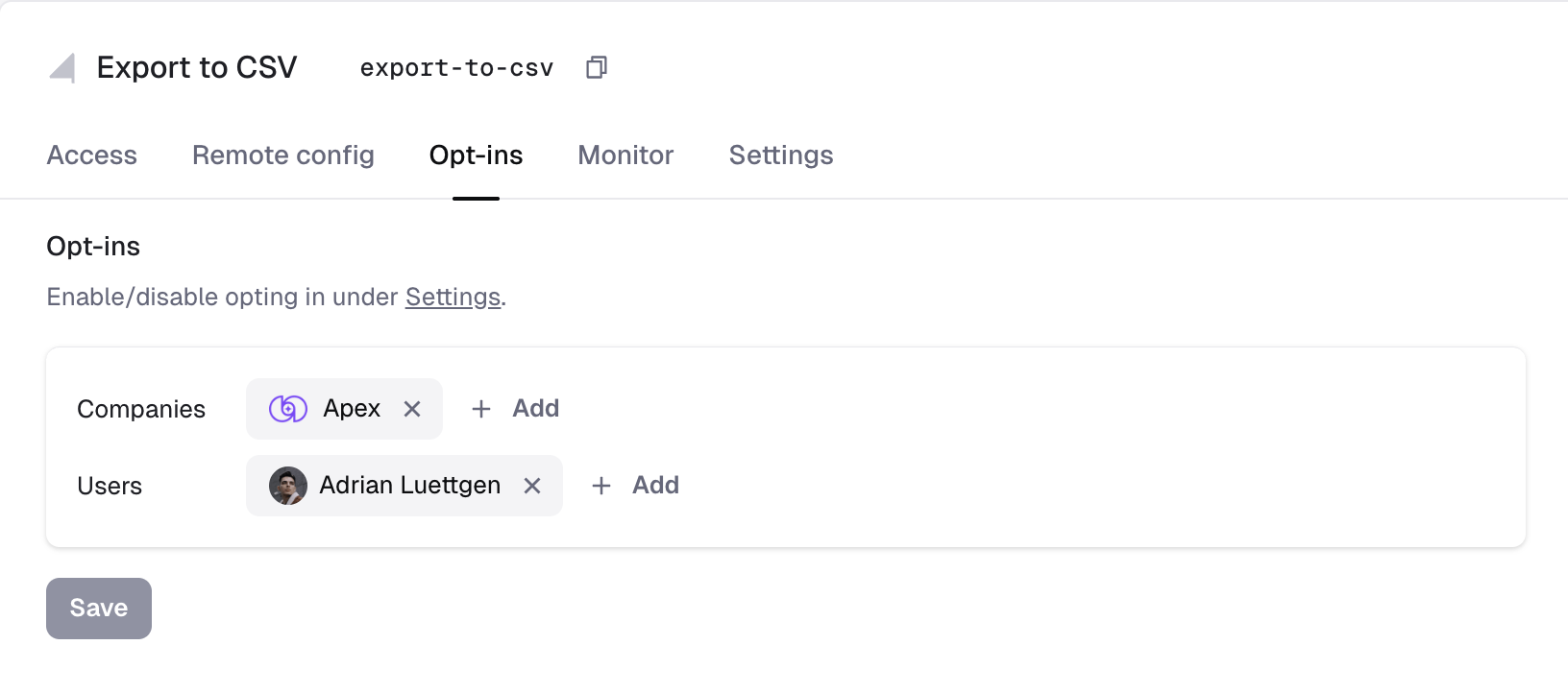The Opt-ins tab for managing opted-in companies and users